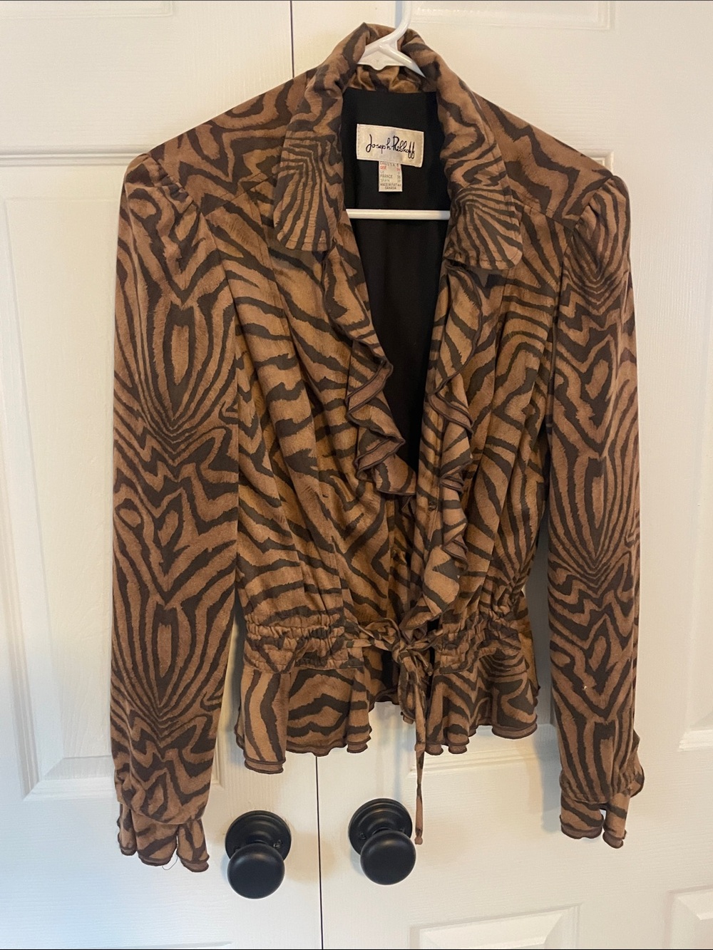 Joseph Ribkoff Brown Zebra-Print Ruffle Front Blazer